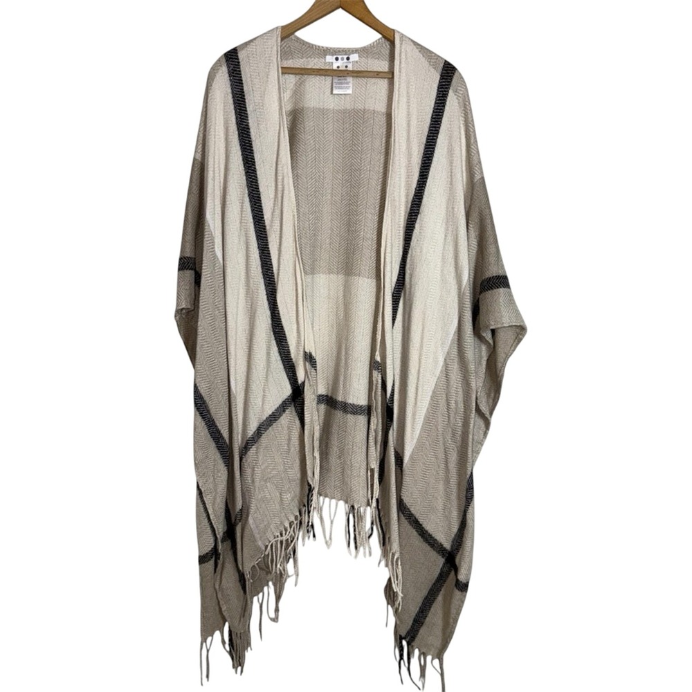 Three‎ Dots Cashmere Poncho Wrap Fringe Cream Beige Black Plaid Blanket Cape